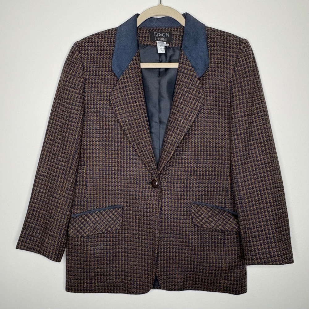 Vintage 90s David N. Petites Wool Houndstooth Blazer Blue Suede Trim ‎ Jacket 2